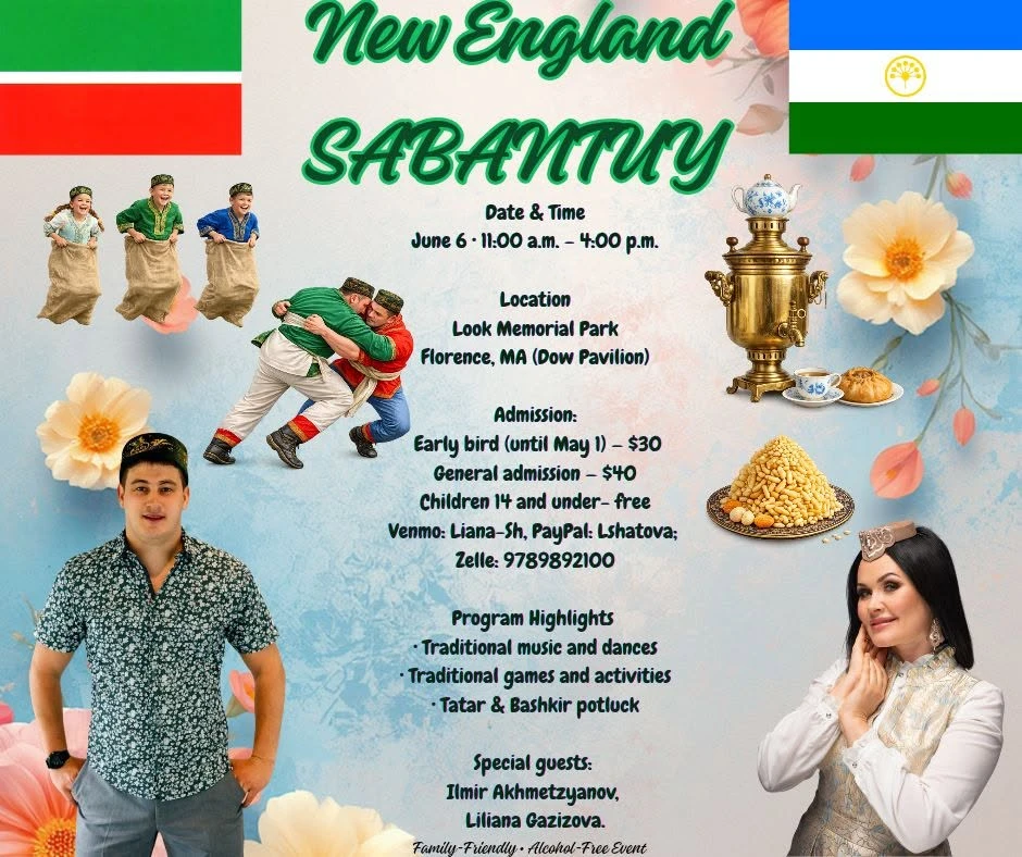 Original New England Sabantuy poster announcing June 6, 2026 from 11 AM to 4 PM at Look Memorial Park’s Dow Pavilion, with admission, program, payment, and special guest details