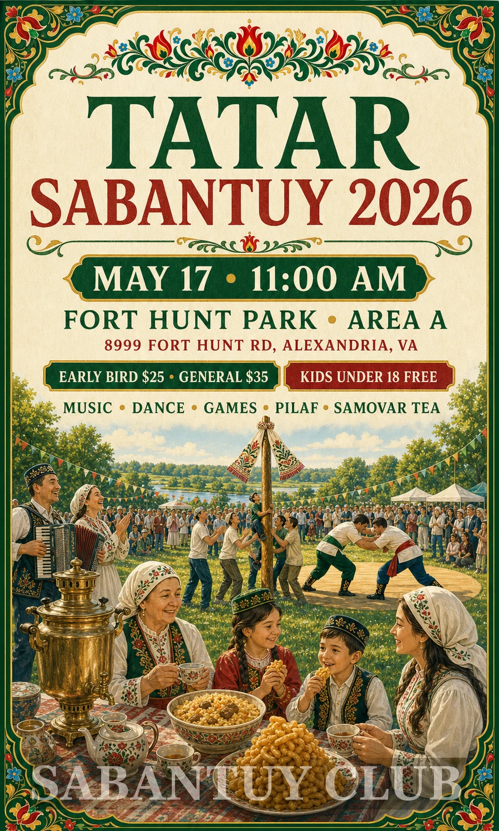 Sabantuy Club illustrated poster for Tatar Sabantuy 2026 near Washington, DC